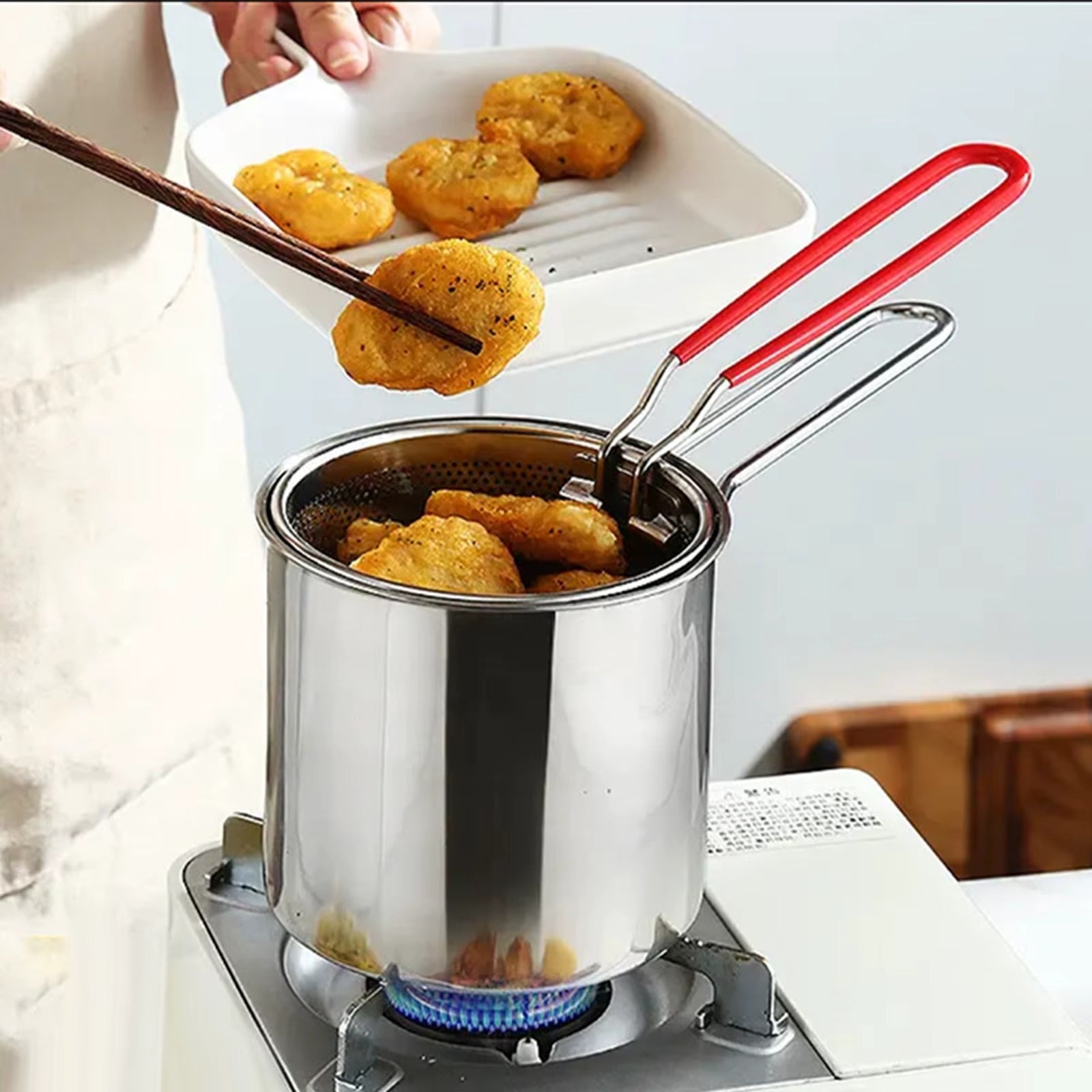 Portable Deep Frying Pot Deep Frying Tempura French Fries Fryer With Strainer Basket Small Pot for Kitchen Party Cooking
